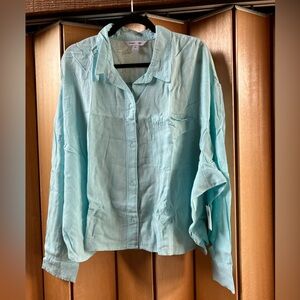 Linen Blend (Size 3X) Blue Crop Button Down Shirt Blouse Minimalist Travel